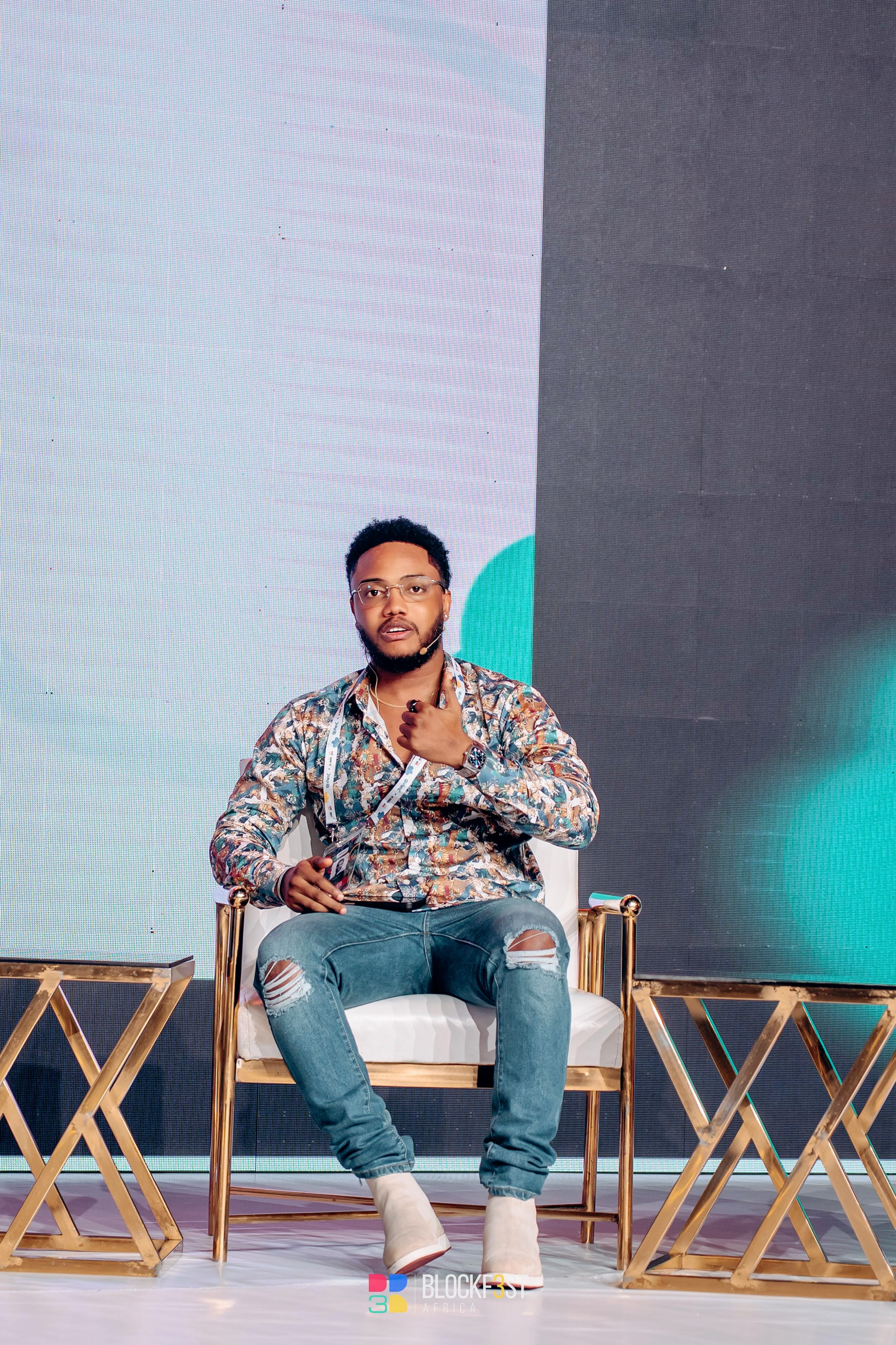 Harrison at BlockFest event in floral shirt