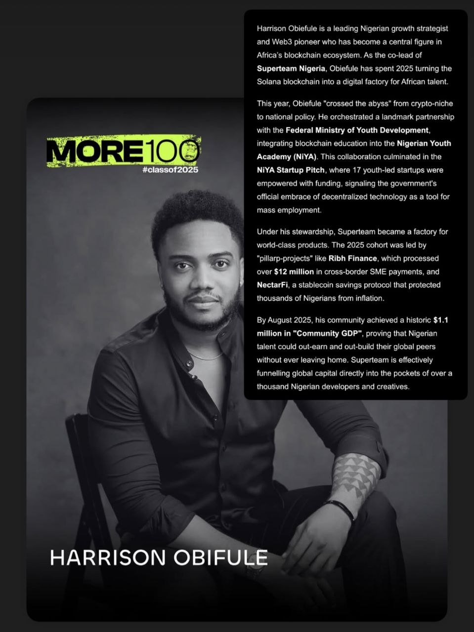 Harrison Obiefule featured in MORE100 Class of 2025 - Recognition of leadership in Web3 and Superteam Nigeria